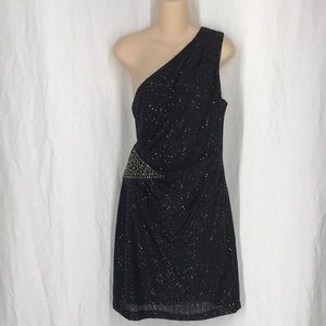 Jackie Jon New York one shoulder sequins bejeweled dress black 14